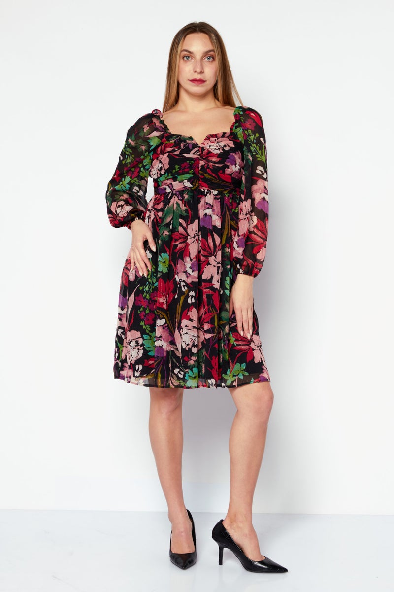 Tahari فستان ميني مزخرف بأكمام طويلة على شكل حرف V للنساء، مجموعة حمراء - Image 3