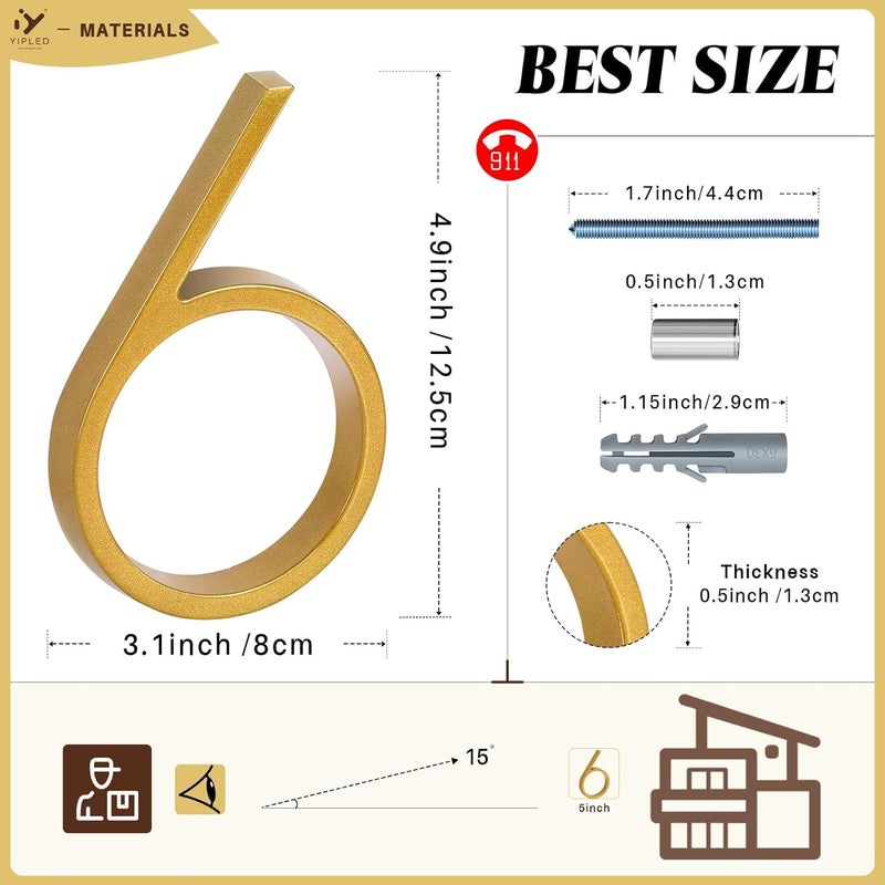 YIPLED 5 Inch House Numbers for Outside, Metal Address Number 6 - Modern Design, Weather-Resistant Gold Powder Coated Finish, No Fading (Gold) - Image 3