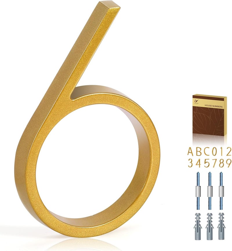 YIPLED 5 Inch House Numbers for Outside, Metal Address Number 6 - Modern Design, Weather-Resistant Gold Powder Coated Finish, No Fading (Gold) - Image 1