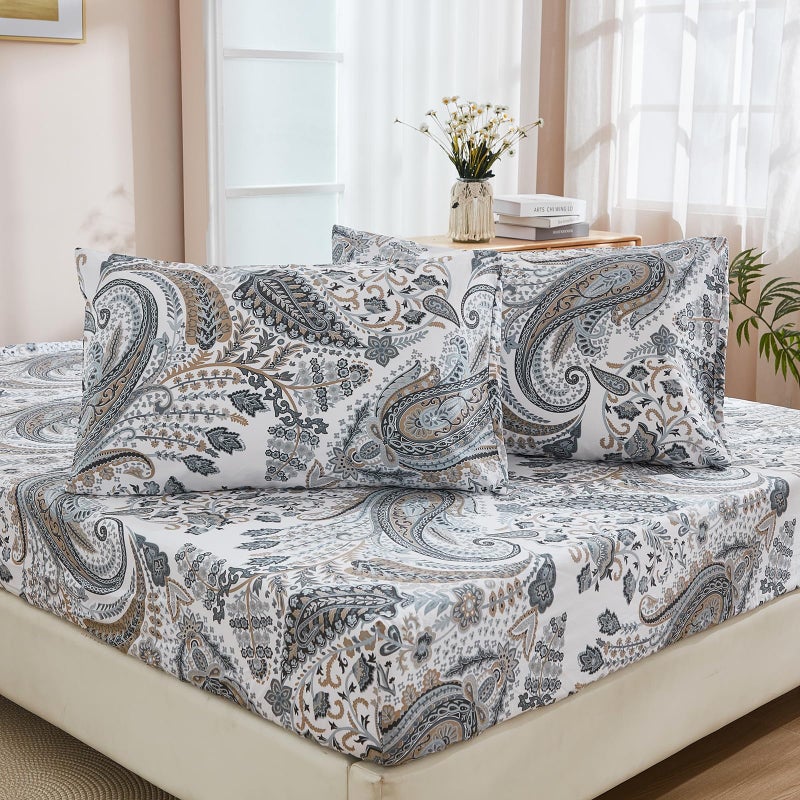Cozaline Blue and Grey Paisley Sheet Set Full Size 100 Cotton Sheets Crispy Cooling Percale Sheets 3 Pcs Breathable Durable Fitted Sheet Set