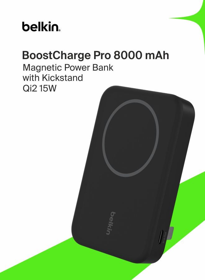 بيلكين شاحن محمول BoostCharge Pro من Belkin بقدرة 8000 مللي أمبير في الساعة مزود بتقنية Qi2؛ متوافق مع MagSafe + مسند مدمج ممتد – لـ iPhone 15 و15 Plus و15 Pro و15 Pro Max وiPhone 14 والمزيد - أسود 8000 mAh - Image 1
