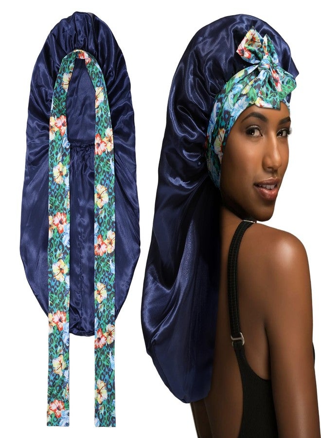 MBJERRY Long Satin Braids Bonnet - Silk Hair Bonnets for Sleeping Stretchy Tie Band for Black Women Elastic Sleep Cap for Curly Hair (Navy Blue) - Image 1