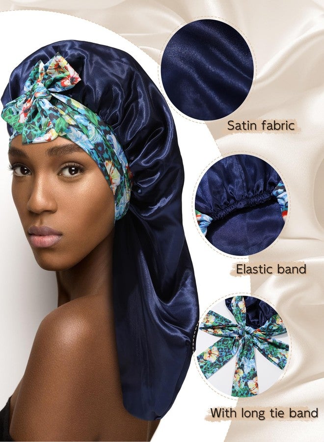 MBJERRY Long Satin Braids Bonnet - Silk Hair Bonnets for Sleeping Stretchy Tie Band for Black Women Elastic Sleep Cap for Curly Hair (Navy Blue) - Image 3