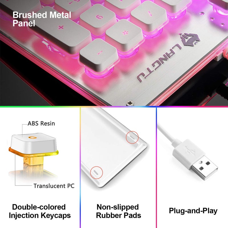 LANGTU Membrane Gaming Keyboard, Rainbow LED Backlit Quiet Keyboard for Office, USB Wired All-Metal Panel 25 Keys Anti-ghosting Computer Keyboard 104 Keys - L1 White/Silver - Image 3