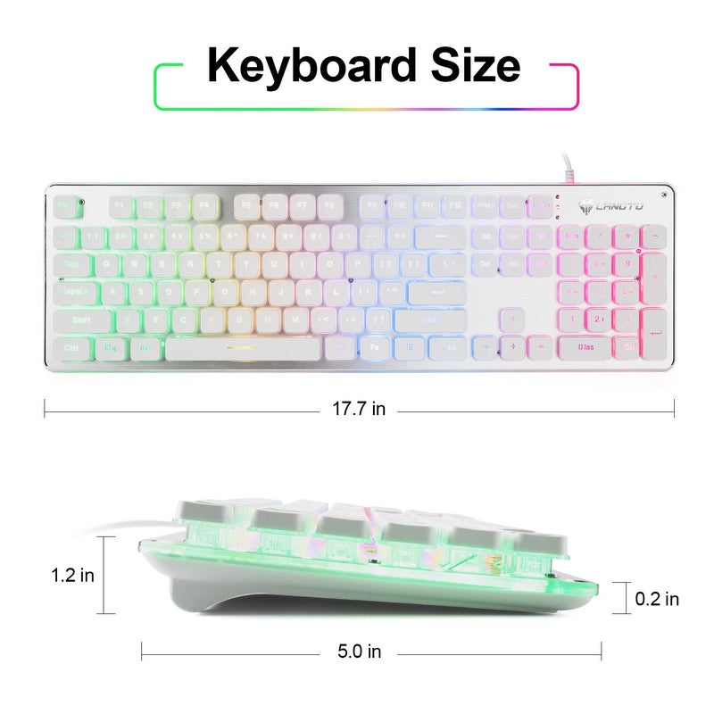 LANGTU Membrane Gaming Keyboard, Rainbow LED Backlit Quiet Keyboard for Office, USB Wired All-Metal Panel 25 Keys Anti-ghosting Computer Keyboard 104 Keys - L1 White/Silver - Image 5