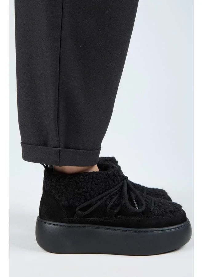Manijero  (Eleni) Women's Real Leather Lined Fur Mini Teddy Detailed Black Boot. for Women | Best Price UAE