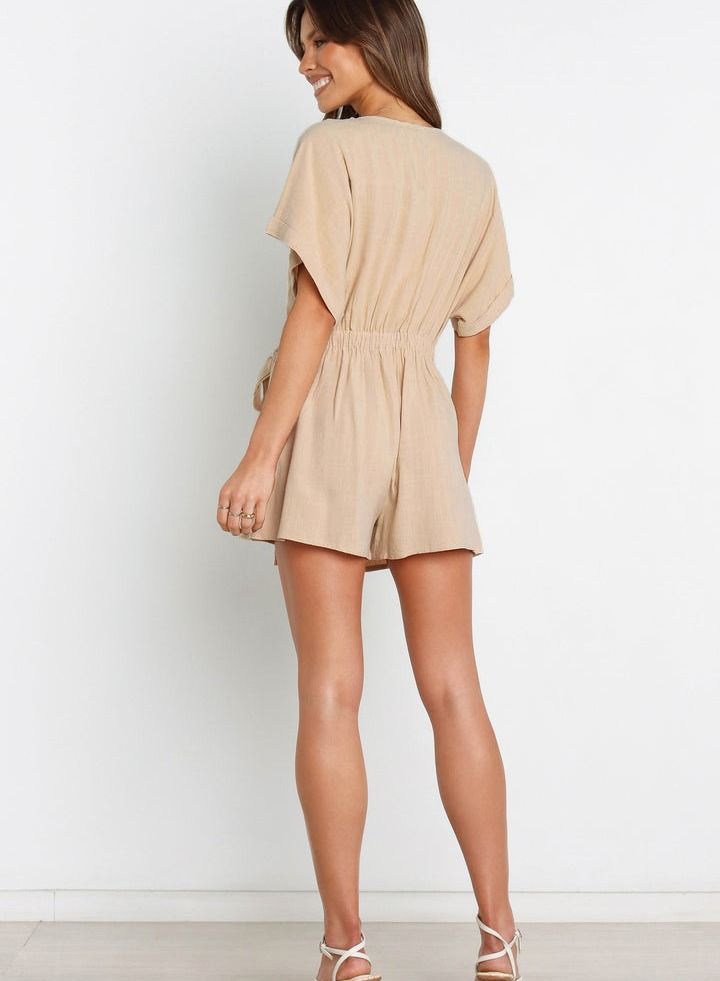 Loquat Women's Solid Color Lace-up Jumpsuit Elastic Waist Slimming V-Neck Short-Sleeved Jumpsuit - Image 3