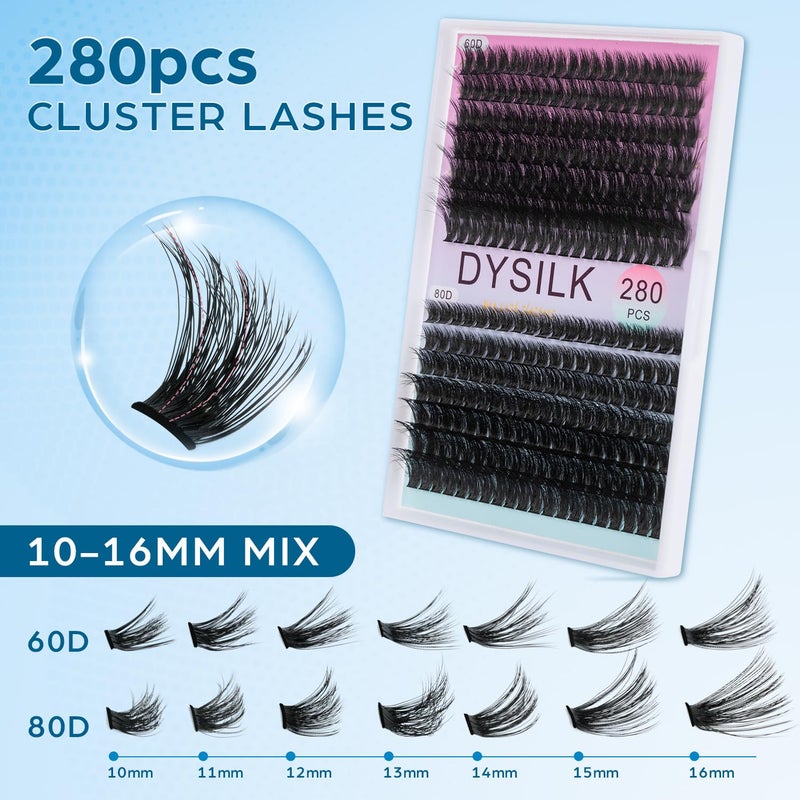 DYSILK Lashes Clusters Individual Lashes - Fluffy Lash Clusters 280pcs DIY Lash Extension Mink Eyelash Clusters Wispy 10-16mm Volume Lash Clusters C Curl Reusable (60D+80D-Fluffy-10-16mm Mix) - Image 2
