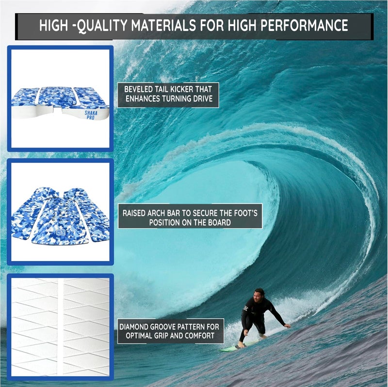 Shaka Pro EVA Surfboard Traction Pads (Front and Back) - 7 Adjustable Pieces with 3M Adhesive - Max Diamond Grip with Kicker and Arch Bar - Fits All Board Sizes (Blue and White) - Image 3