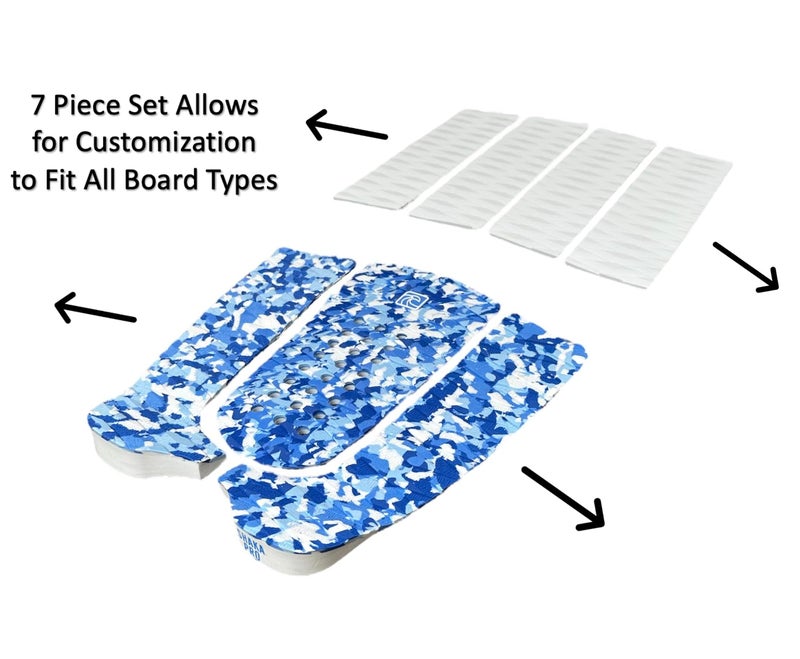 Shaka Pro EVA Surfboard Traction Pads (Front and Back) - 7 Adjustable Pieces with 3M Adhesive - Max Diamond Grip with Kicker and Arch Bar - Fits All Board Sizes (Blue and White) - Image 2