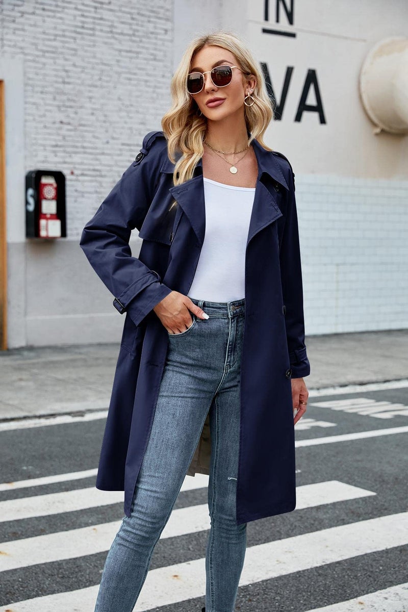 Makkrom Women's Double Breasted Long Trench Coat Windproof Classic Lapel Slim Overcoat with Belt - Image 4