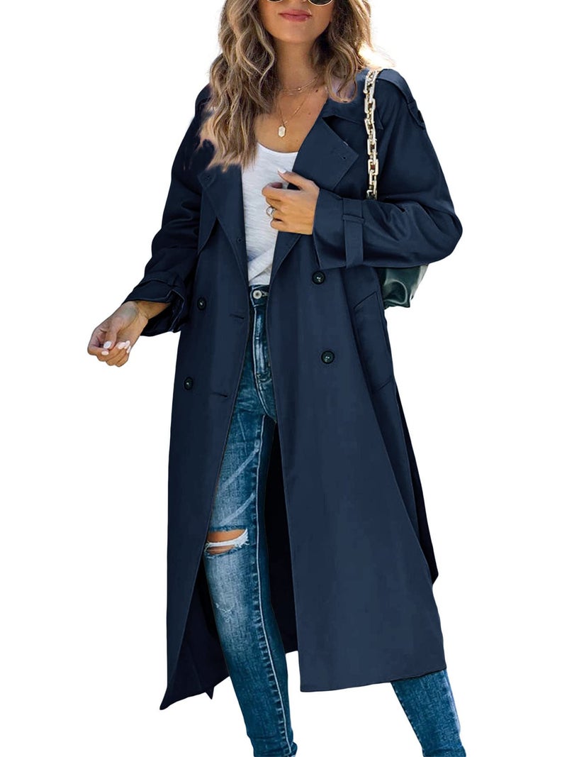 Makkrom Women's Double Breasted Long Trench Coat Windproof Classic Lapel Slim Overcoat with Belt - Image 1