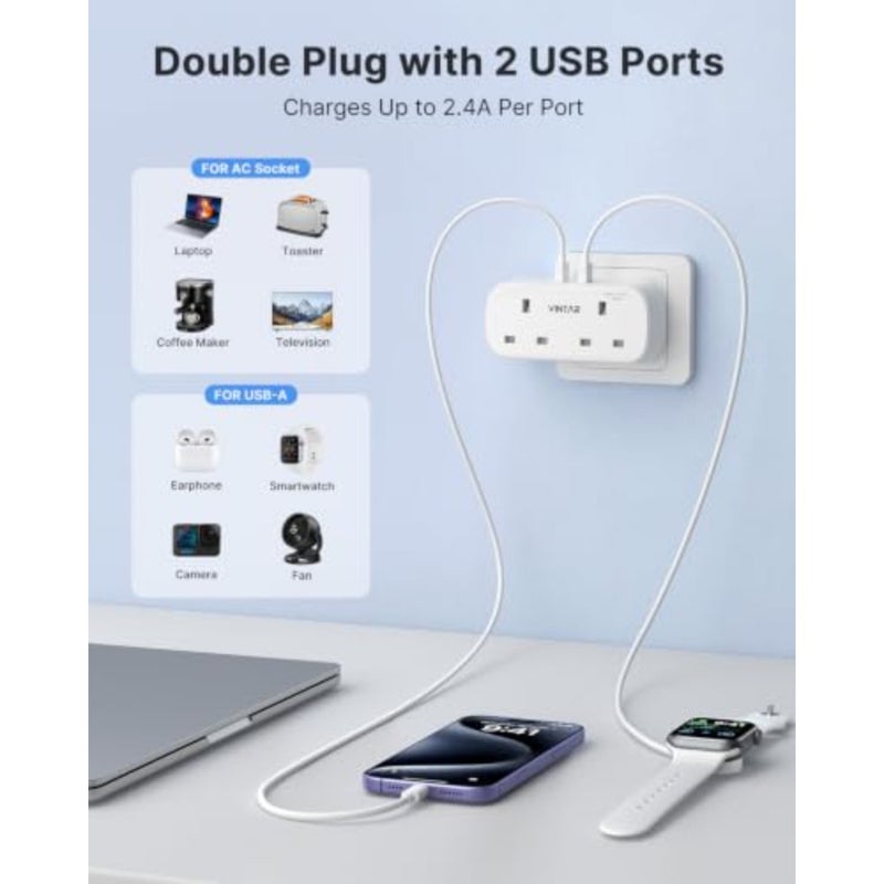Double Plug Adapter with 2 USB Ports 2-Way Plug Extension Sockets Home Office Travel Use Compact Design 230V Compatible 3 PCS - Image 3