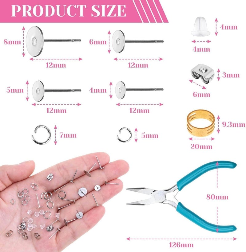 Caffox Hypoallergenic Earring Posts and Backs, 1800pcs Stainless Steel Stud Earring Kit with Earring Base Studs, Earring Backs and Jump Rings for Clay, Resin, Pearls, Jewelry Making and Crafting - Image 5