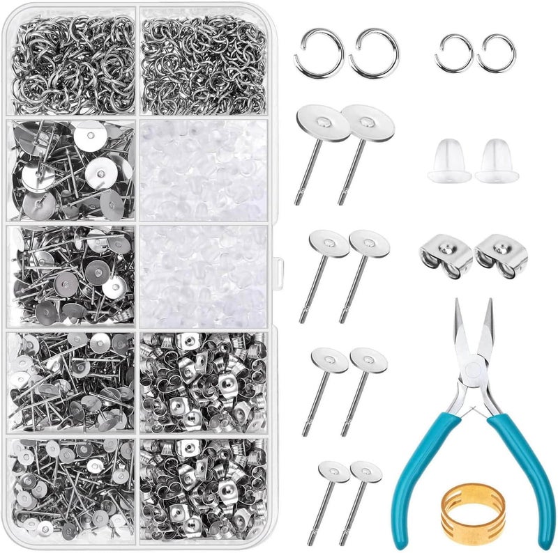 Caffox Hypoallergenic Earring Posts and Backs, 1800pcs Stainless Steel Stud Earring Kit with Earring Base Studs, Earring Backs and Jump Rings for Clay, Resin, Pearls, Jewelry Making and Crafting - Image 1