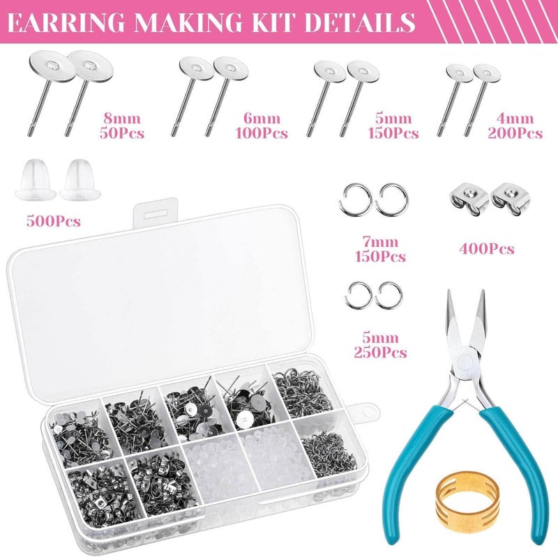 Caffox Hypoallergenic Earring Posts and Backs, 1800pcs Stainless Steel Stud Earring Kit with Earring Base Studs, Earring Backs and Jump Rings for Clay, Resin, Pearls, Jewelry Making and Crafting - Image 4