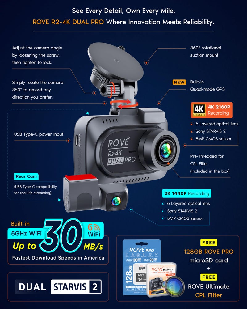 ROVE R2-4K Dual PRO Dash Cam Front and Rear, 4K+2K Dash Camera for Cars, Dual STARVIS 2 IMX678 + IMX675 Sensors, Free 128GB Card + CPL, WiFi 6 - up to 30MB/s Download Speed, 3" IPS, 24Hr Parking Mode - Image 3