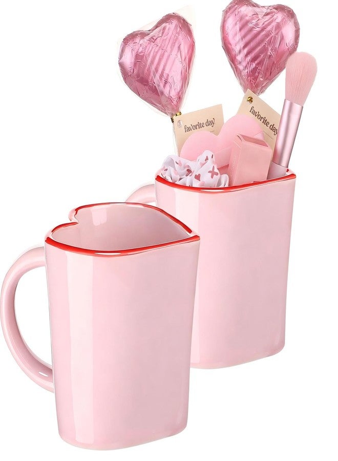 Vesici Set of 2 Heart Shaped Ceramic Mugs with Red Rim 12.5 oz Valentine's Day Gift Mugs Coffee Cups DIY Galentine's Gift Goodies Basket Ideas for Couples Her Him Pink Girl - Image 1