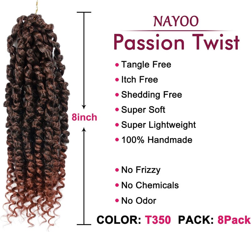 NAYOO Passion Twist Hair - 8 Packs 8 Inch Passion Twist Crochet Hair For Black Women, Crochet Pretwisted Curly Hair Passion Twists Synthetic Braiding Hair Extensions(8 Inch 8 Packs, T350) - Image 2