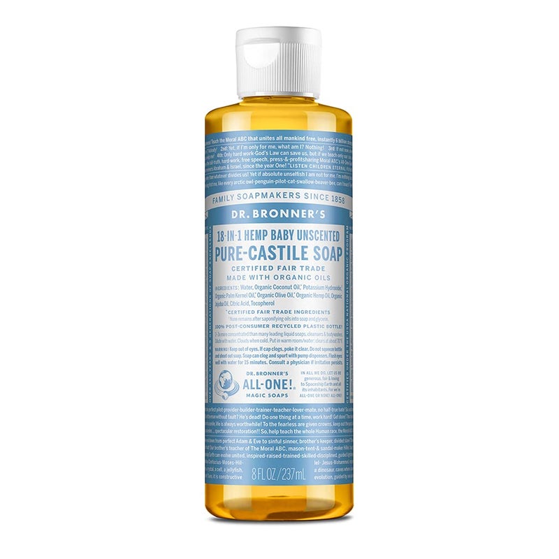 Dr. Bronner's د. برونر - صابون سائل نقي من كاستيل (بدون رائحة للأطفال، 8 أونصات) - مصنوع من زيوت عضوية، 18 استخدام: للوجه، الشعر، الغسيل، الأطباق، للبشرة الحساسة، للأطفال، بدون عطر مضاف، نباتي، غير معدل وراثيًا - Image 1
