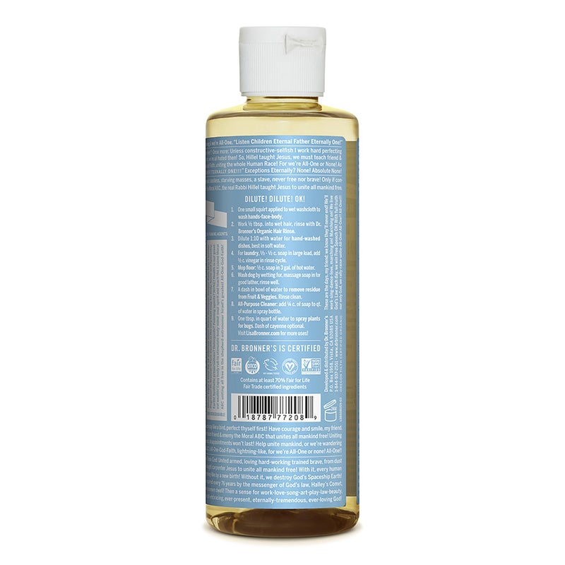 Dr. Bronner's د. برونر - صابون سائل نقي من كاستيل (بدون رائحة للأطفال، 8 أونصات) - مصنوع من زيوت عضوية، 18 استخدام: للوجه، الشعر، الغسيل، الأطباق، للبشرة الحساسة، للأطفال، بدون عطر مضاف، نباتي، غير معدل وراثيًا - Image 2
