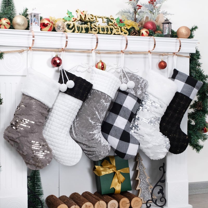 LUBOT 6 Pack Christmas Stockings Large Family Xmas Stocking Black White Gray Contrast Match Flannel Plaid Plush Sequins Hanging for Decorations Holiday