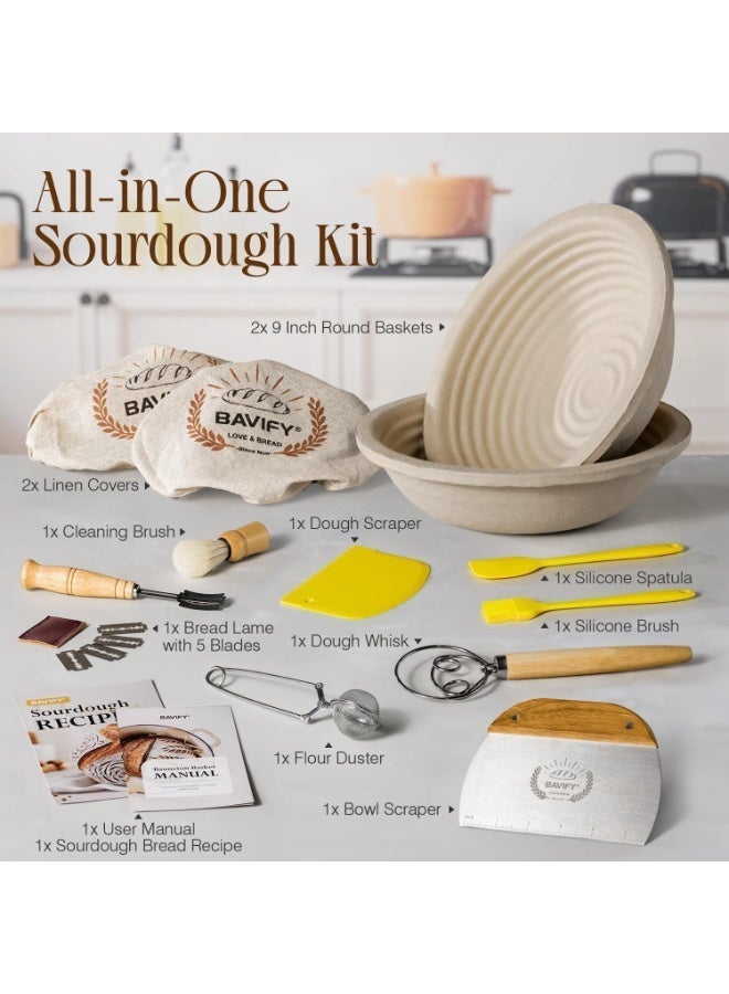 LBMT Wood Pulp Banneton Bread Proofing Basket Set, 9" 2.2LB Round Sourdough Banneton Basket Kit, Sourdough Bread Making Tool Baking Supplies with Proofing Bowl and Linen Liner Bread Making Tools,Cover, Dough Whisk, Lame, Scraper, Gift Set for Professional and Home/Party Baking - Image 2