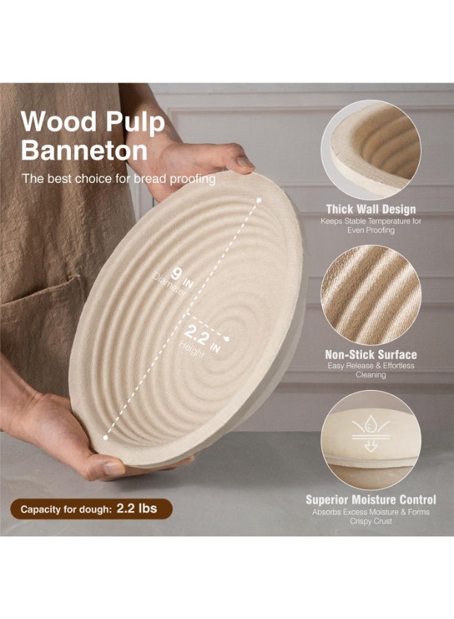 LBMT Wood Pulp Banneton Bread Proofing Basket Set, 9" 2.2LB Round Sourdough Banneton Basket Kit, Sourdough Bread Making Tool Baking Supplies with Proofing Bowl and Linen Liner Bread Making Tools,Cover, Dough Whisk, Lame, Scraper, Gift Set for Professional and Home/Party Baking - Image 3