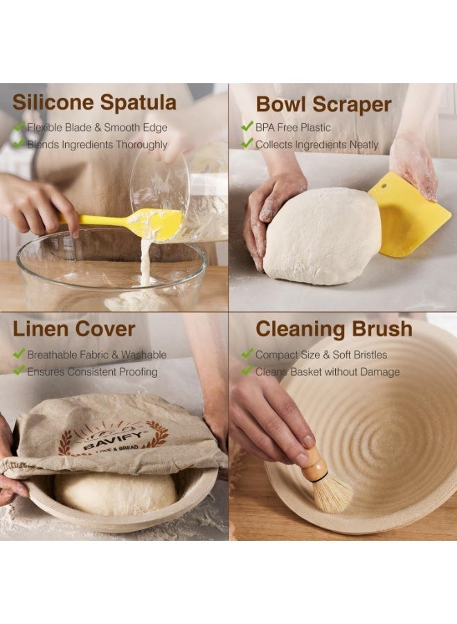 LBMT Wood Pulp Banneton Bread Proofing Basket Set, 9" 2.2LB Round Sourdough Banneton Basket Kit, Sourdough Bread Making Tool Baking Supplies with Proofing Bowl and Linen Liner Bread Making Tools,Cover, Dough Whisk, Lame, Scraper, Gift Set for Professional and Home/Party Baking - Image 4