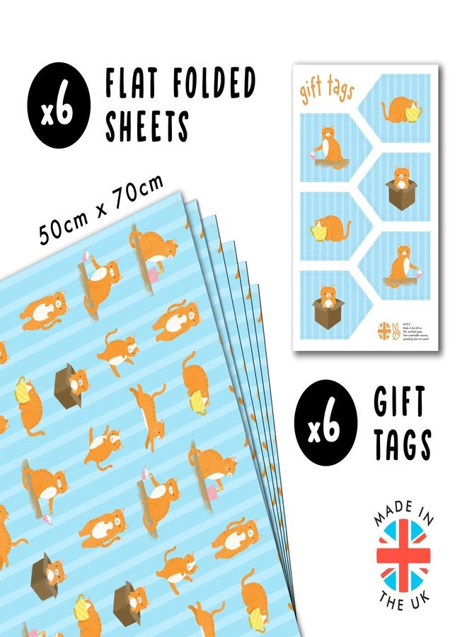 CENTRAL 23 Orange Cat Wrapping Paper - 6 Sheets Gift Wrap for Pet Lovers Kids or Friends - Birthday All Occasion Cute Tabby Design with Hearts and Stars - Recyclable - Comes with Tags - Image 2