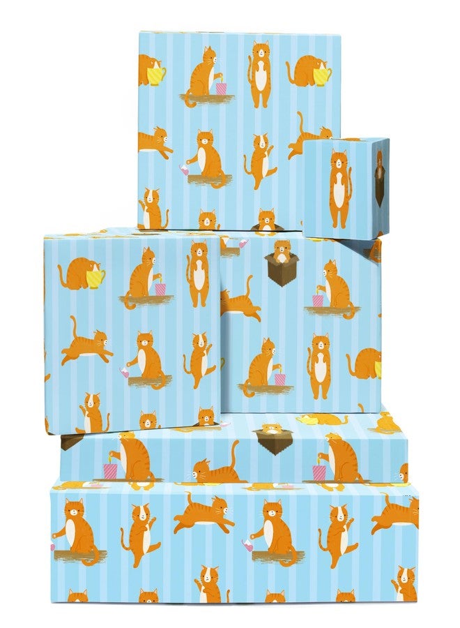 CENTRAL 23 Orange Cat Wrapping Paper - 6 Sheets Gift Wrap for Pet Lovers Kids or Friends - Birthday All Occasion Cute Tabby Design with Hearts and Stars - Recyclable - Comes with Tags - Image 1
