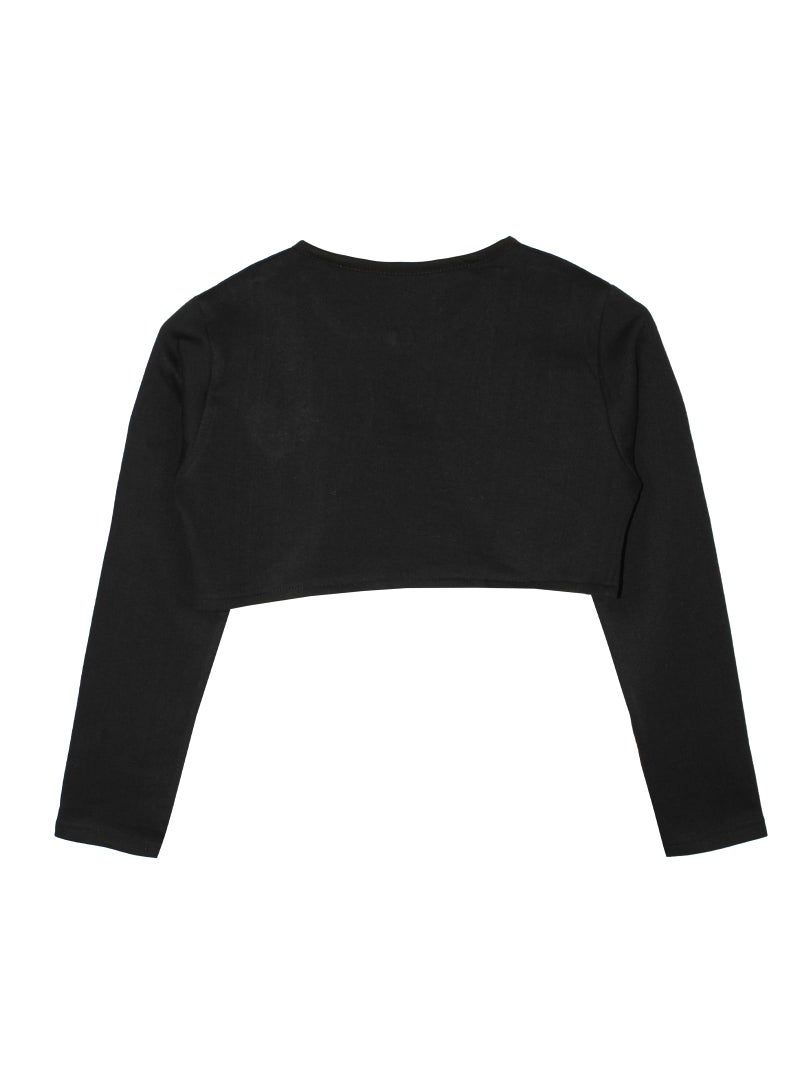 KiddoPanti Girls Crop Length Shrug | Cotton Poly Fleece Fabric |Sequin Patch on Chest | Front Open Pearl Button Closure | Crop Length, Full Sleeve | Girls Shrug,Jet Black - 6-8Y - Image 3
