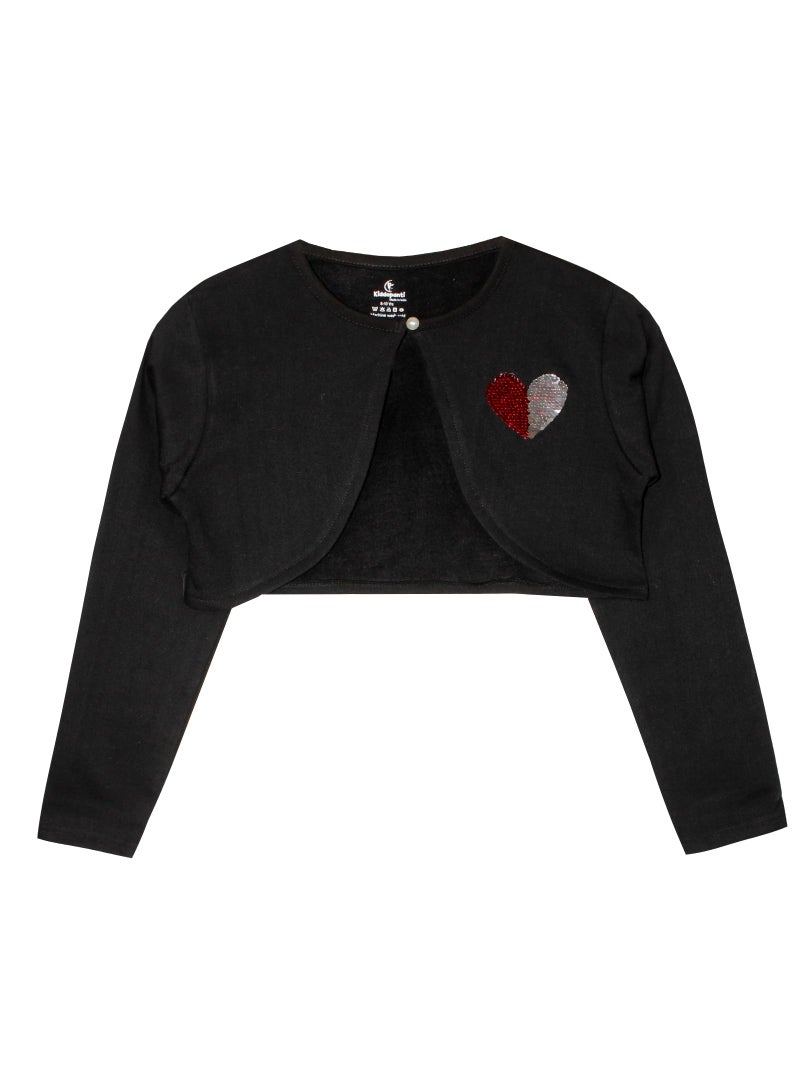 KiddoPanti Girls Crop Length Shrug | Cotton Poly Fleece Fabric |Sequin Patch on Chest | Front Open Pearl Button Closure | Crop Length, Full Sleeve | Girls Shrug,Jet Black - 6-8Y - Image 1