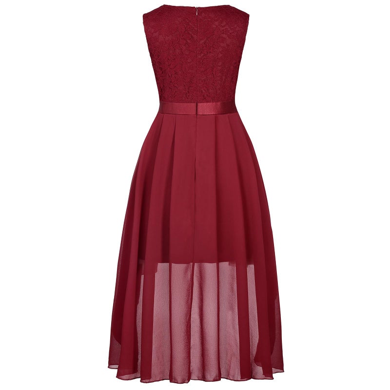 Viriber Girls Floral Lace Burdungy Dress Christmas Bridesmaid Vintage Formal Cocktail Party Swallowtail Swing Dresses 7-14 Years(Burdungy,11-12T) - Image 2