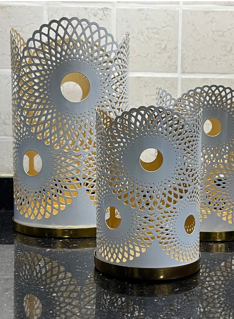 سوق ديزاينز حاملات شموع عربية لفوانيس رمضان مجموعة حامل شموع معدنية مكونة من 3 - ديكور منزلي للاستخدام الداخلي والخارجي - Image 5