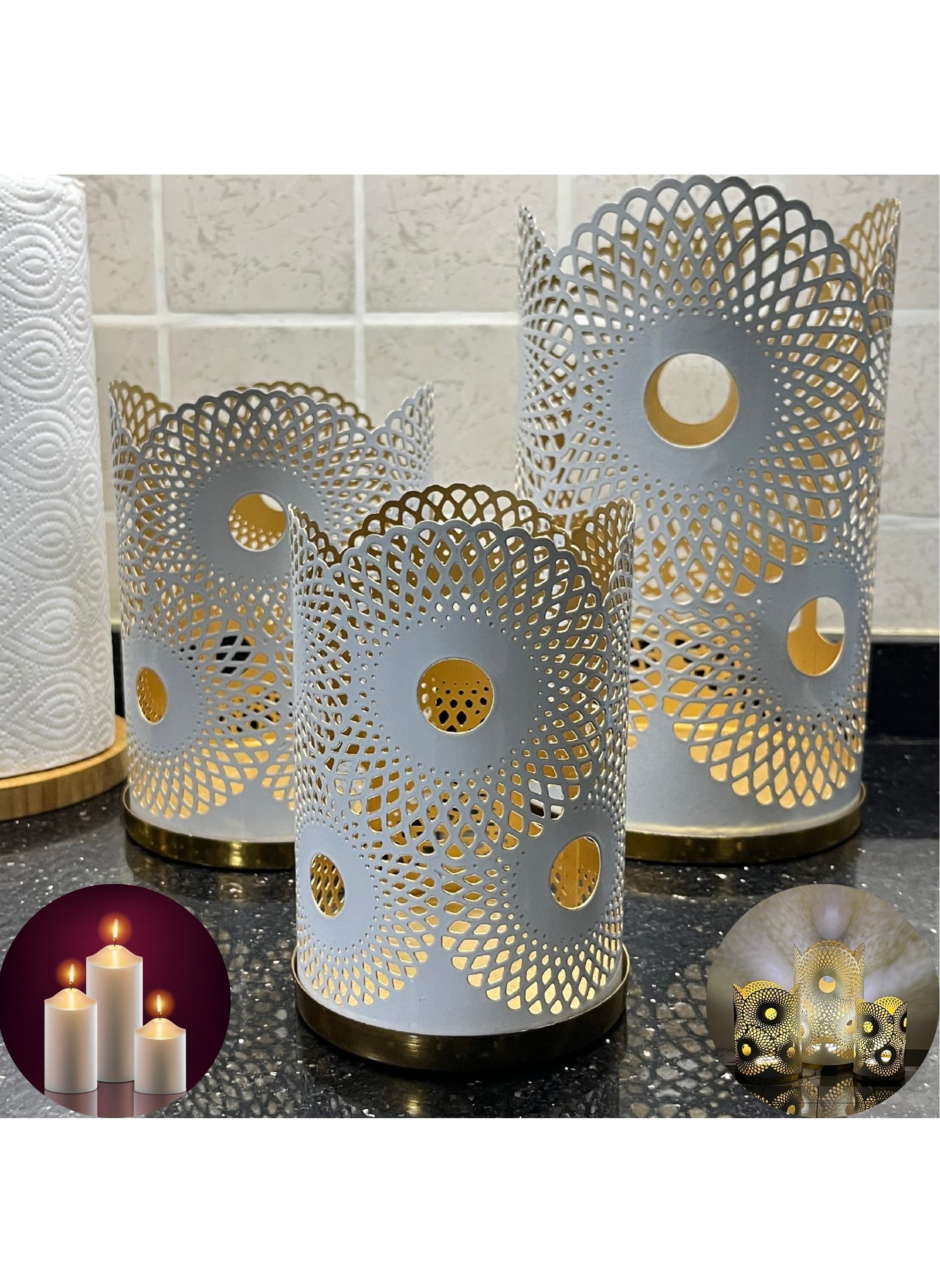 Souq DESIGNS Arabic Candle Holders for Ramadan Lanterns Metal Candle Holder Set of 3 - Home Decor Indoor & Outdoor Use 