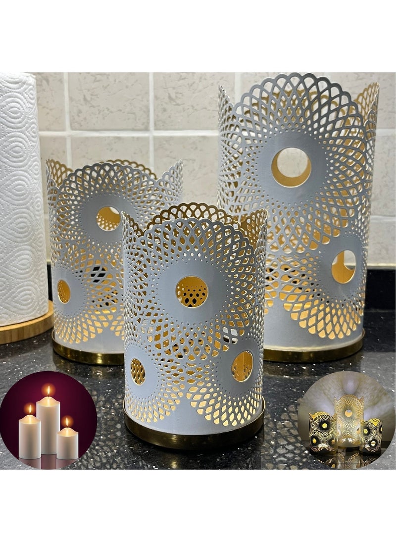 Souq DESIGNS Hurricane Candle Holder Set of 3 – White Gold Moroccan Metal Pillar Candle Holders | Hurricane Lantern Tealight Votive Table Centerpiece Flower Vase | Indoor Outdoor Ramadan Gift - Image 2