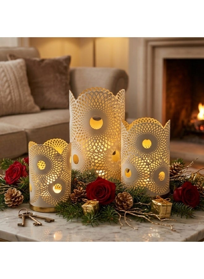 Souq DESIGNS Hurricane Candle Holder Set of 3 – White Gold Moroccan Metal Pillar Candle Holders | Hurricane Lantern Tealight Votive Table Centerpiece Flower Vase | Indoor Outdoor Ramadan Gift - Image 1