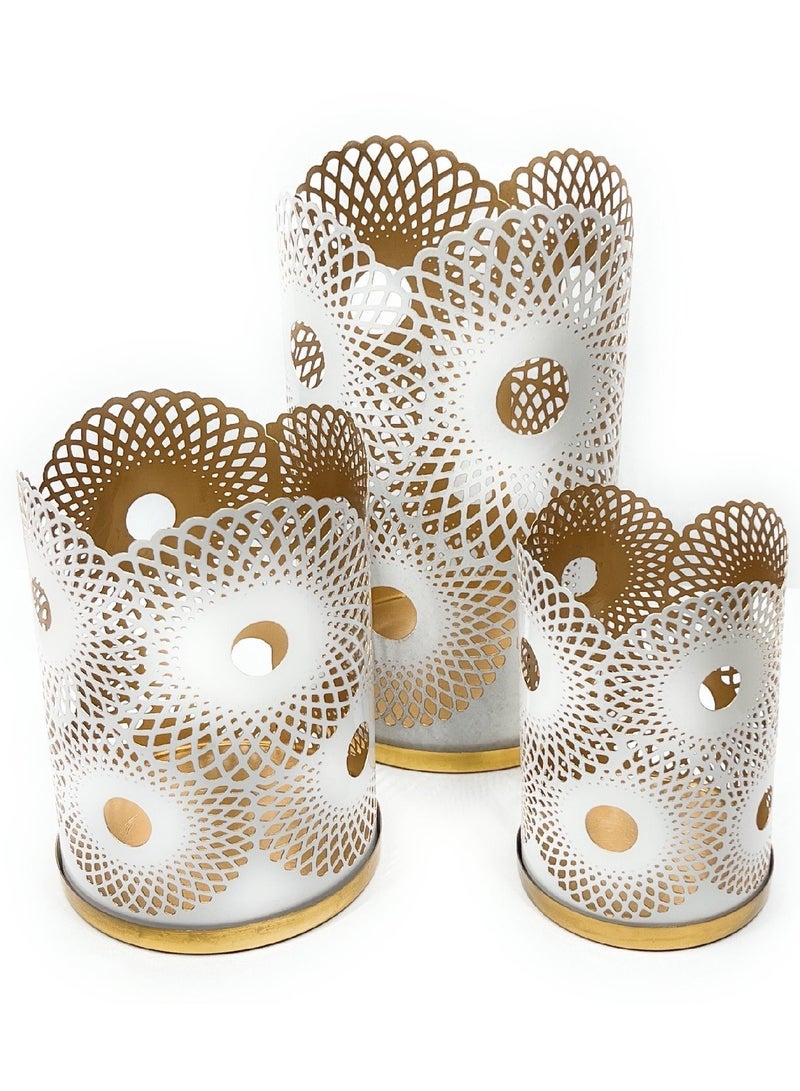 Souq DESIGNS Hurricane Candle Holder Set of 3 – White Gold Moroccan Metal Pillar Candle Holders | Hurricane Lantern Tealight Votive Table Centerpiece Flower Vase | Indoor Outdoor Ramadan Gift - Image 5