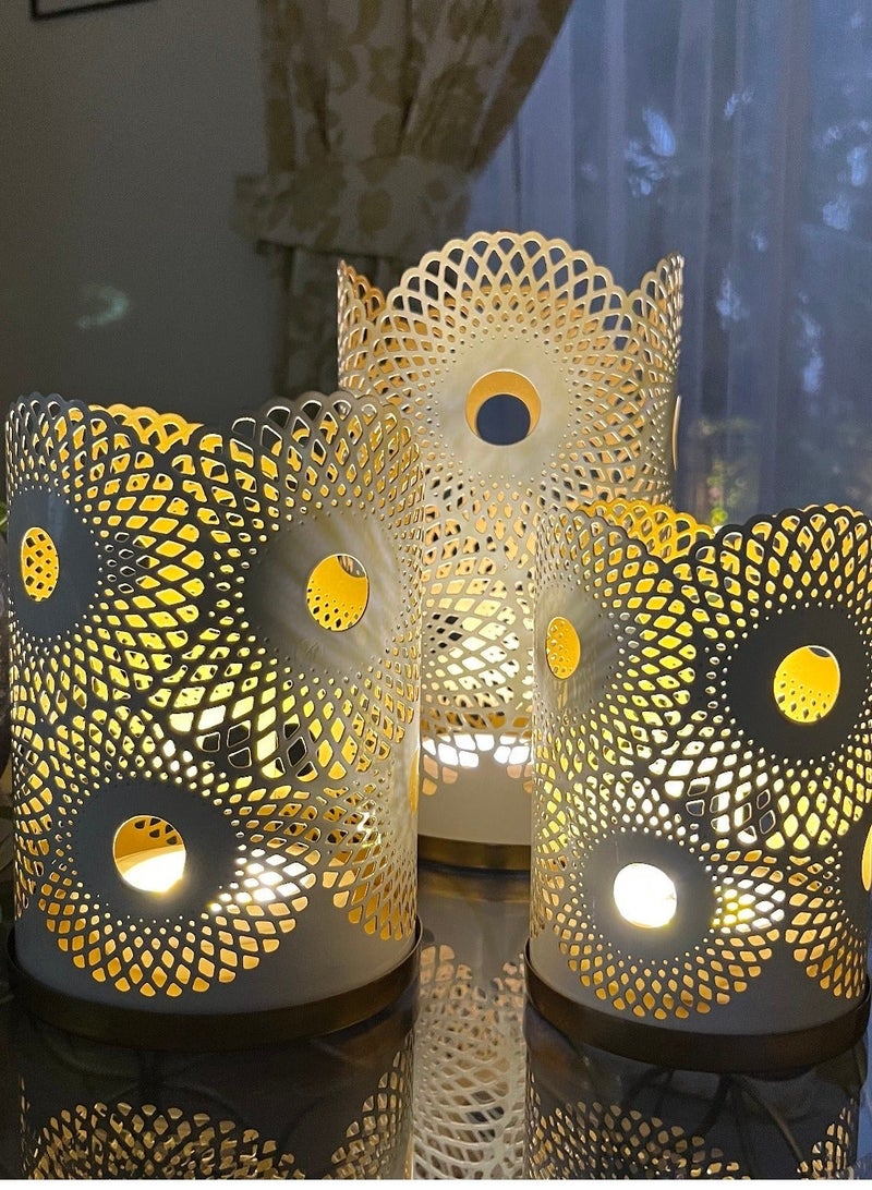 Souq DESIGNS Hurricane Candle Holder Set of 3 – White Gold Moroccan Metal Pillar Candle Holders | Hurricane Lantern Tealight Votive Table Centerpiece Flower Vase | Indoor Outdoor Ramadan Gift - Image 4