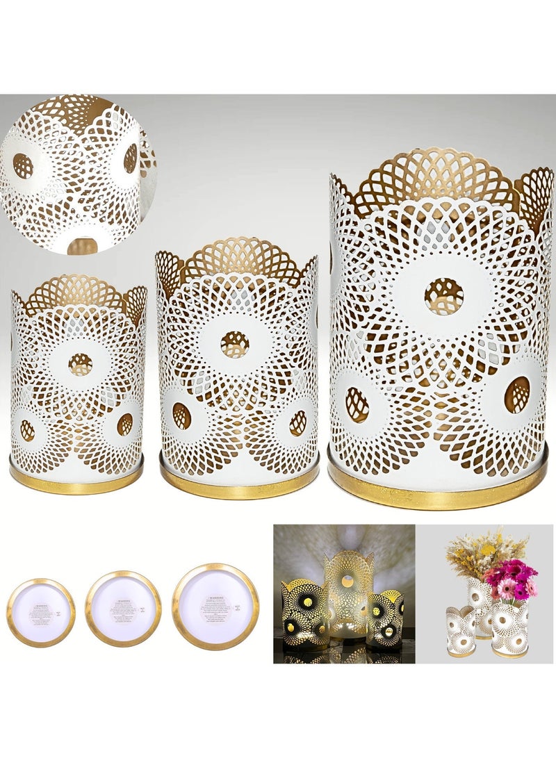 Souq DESIGNS Hurricane Candle Holder Set of 3 – White Gold Moroccan Metal Pillar Candle Holders | Hurricane Lantern Tealight Votive Table Centerpiece Flower Vase | Indoor Outdoor Ramadan Gift - Image 3