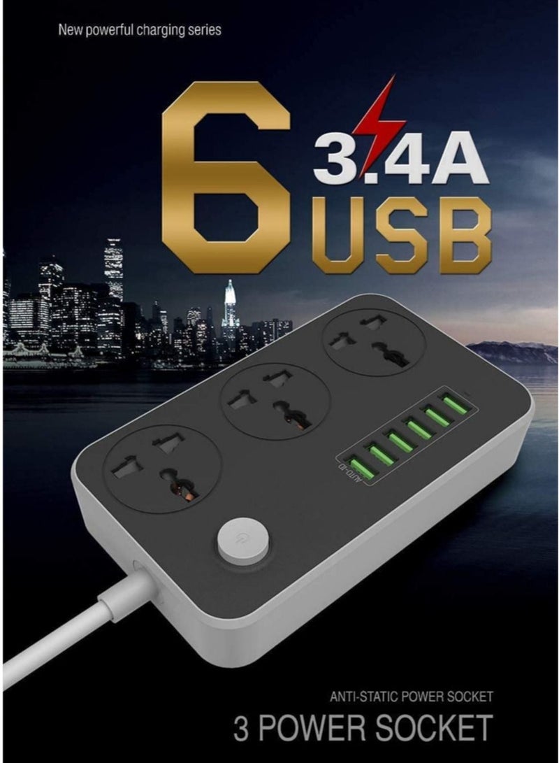 Universal Power Strips 3 Way Outlets 6 USB Plug Ports Surge Protection Power Socket Switch Portable Charger Fast Charging with 2M Wall Plug Adapter Extension Cord with Fuse and Shutter Extension Lead - Image 1