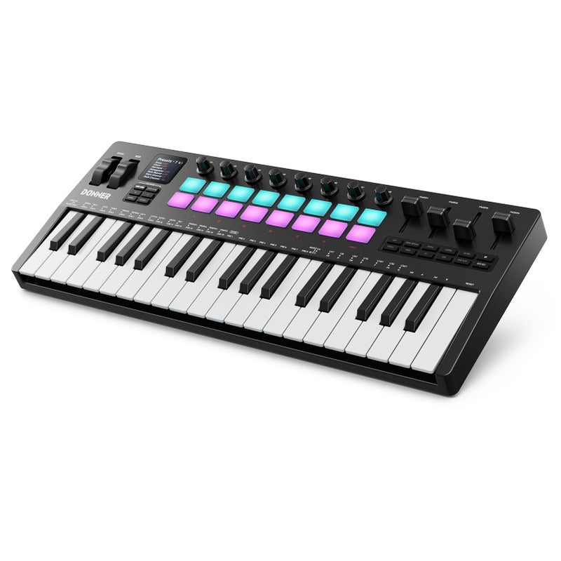 Donner STARRYKEY-37 PLAY MIDI Keyboard Controller, 37 Key Portable MIDI Controller with 128 Build-in Voices, 16 Drum Pads, Arpeggio, Sequencer, USB/Wireless Connection, 4 DAW Software & 40 Courses - Image 1