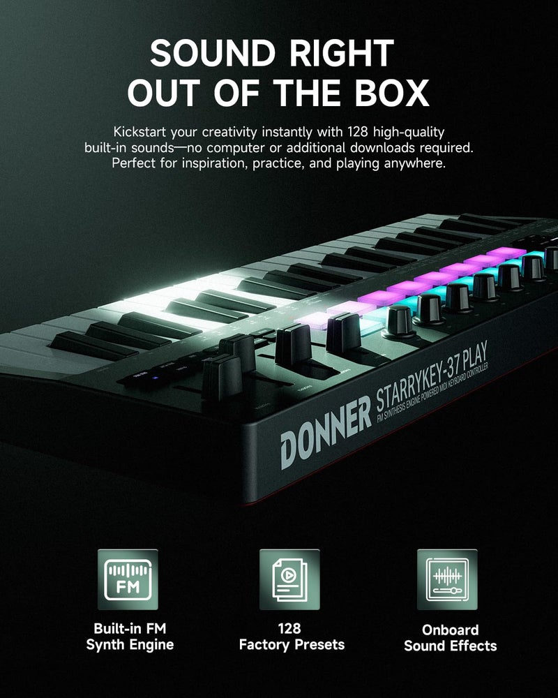 Donner STARRYKEY-37 PLAY MIDI Keyboard Controller, 37 Key Portable MIDI Controller with 128 Build-in Voices, 16 Drum Pads, Arpeggio, Sequencer, USB/Wireless Connection, 4 DAW Software & 40 Courses - Image 2