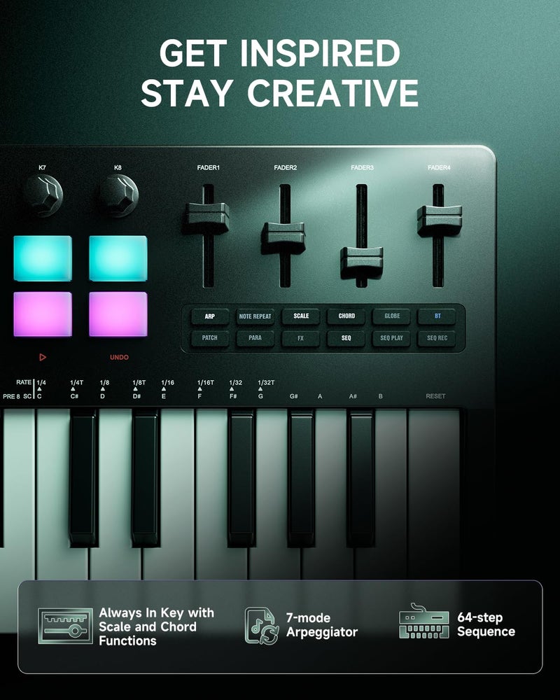 Donner STARRYKEY-37 PLAY MIDI Keyboard Controller, 37 Key Portable MIDI Controller with 128 Build-in Voices, 16 Drum Pads, Arpeggio, Sequencer, USB/Wireless Connection, 4 DAW Software & 40 Courses - Image 5