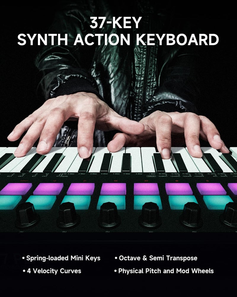 Donner STARRYKEY-37 PLAY MIDI Keyboard Controller, 37 Key Portable MIDI Controller with 128 Build-in Voices, 16 Drum Pads, Arpeggio, Sequencer, USB/Wireless Connection, 4 DAW Software & 40 Courses - Image 3