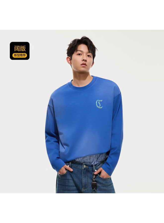 Cabbeen 280g Heavyweight Plain Weave Men's Creative Logo Colorblock Design Autumn Long Sleeve T-shirt