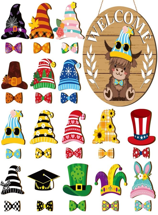 GlikCeil 33 Pcs Summer Interchangeable Door Decor Wooden Highlands Cow Decor Holiday Seasonal Interchangeable Welcome Sign Door Hanger Seasonal Farmhouse Graduation July 4th Decor(Wood Grain) - Image 1