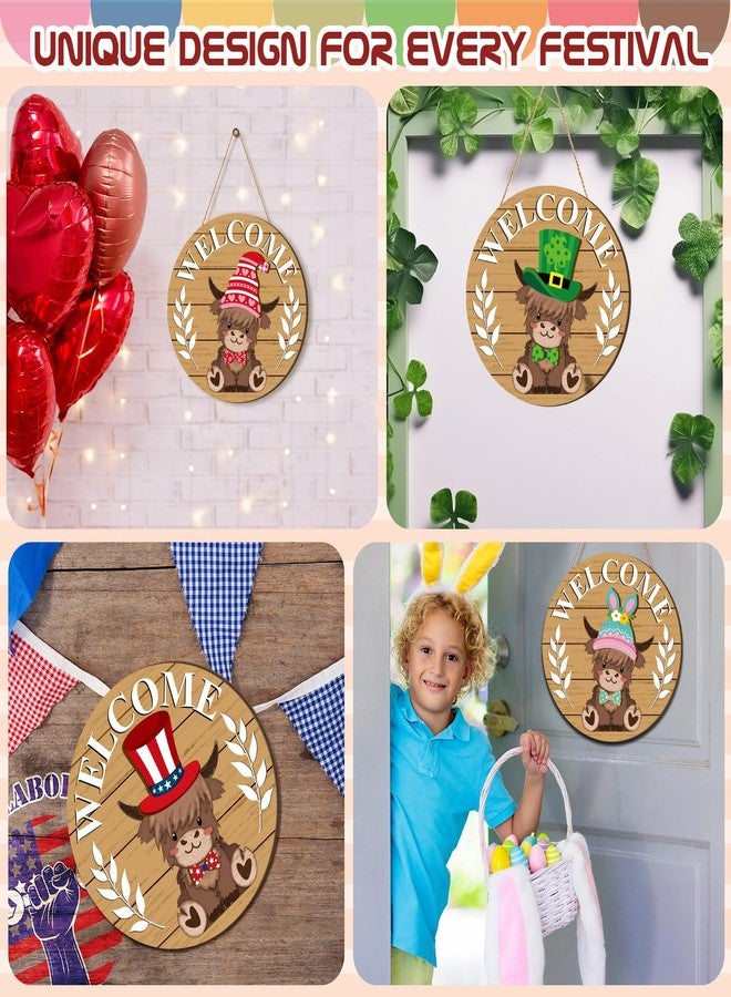 GlikCeil 33 Pcs Summer Interchangeable Door Decor Wooden Highlands Cow Decor Holiday Seasonal Interchangeable Welcome Sign Door Hanger Seasonal Farmhouse Graduation July 4th Decor(Wood Grain) - Image 4
