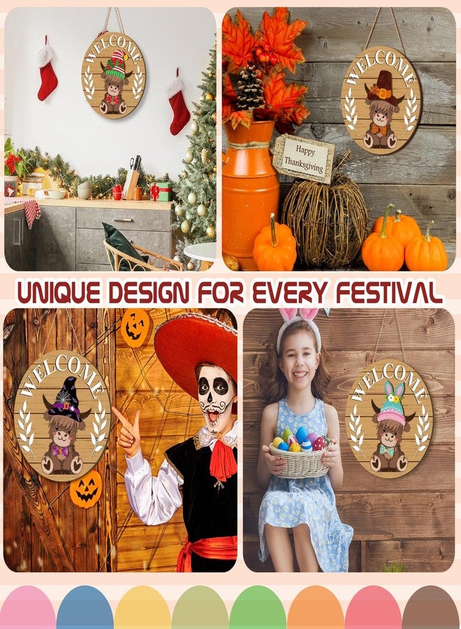 GlikCeil 33 Pcs Summer Interchangeable Door Decor Wooden Highlands Cow Decor Holiday Seasonal Interchangeable Welcome Sign Door Hanger Seasonal Farmhouse Graduation July 4th Decor(Wood Grain) - Image 5